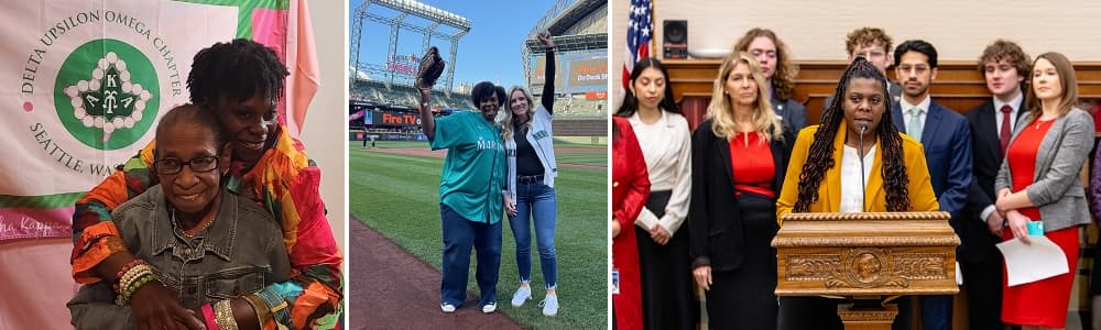 Jamila with family, at baseball game and at work